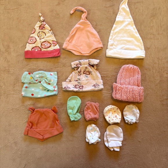 The Unbranded Brand Other - Baby Girl Hat & Mitten Bundle (9 Hats + 6 Mittens) | Newborn–6M | Pink, Floral,